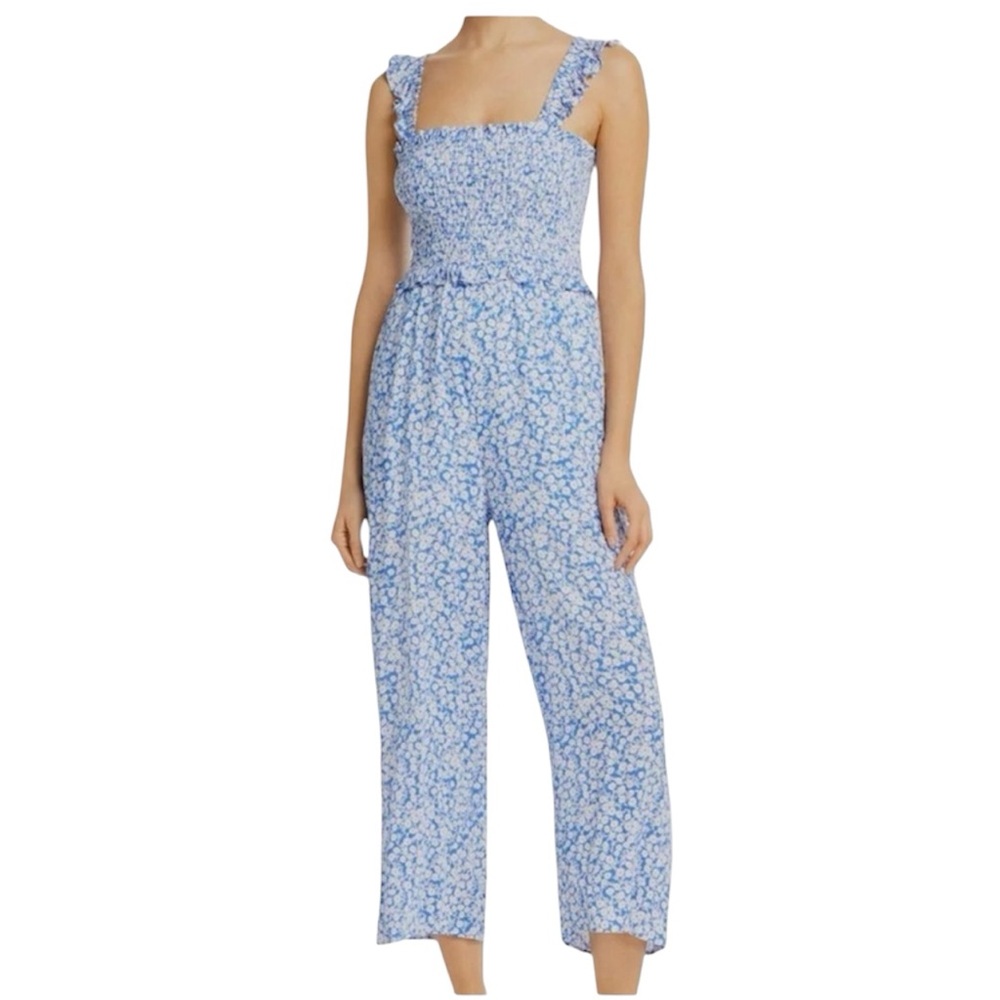 Lost + Wander blue floral smocked jumpsuit medium